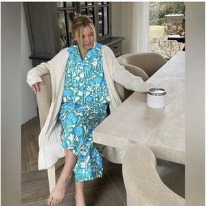 Mersea Pajama Set S Over the Cotton Moon Ranunculus Blue Green Floral PJs